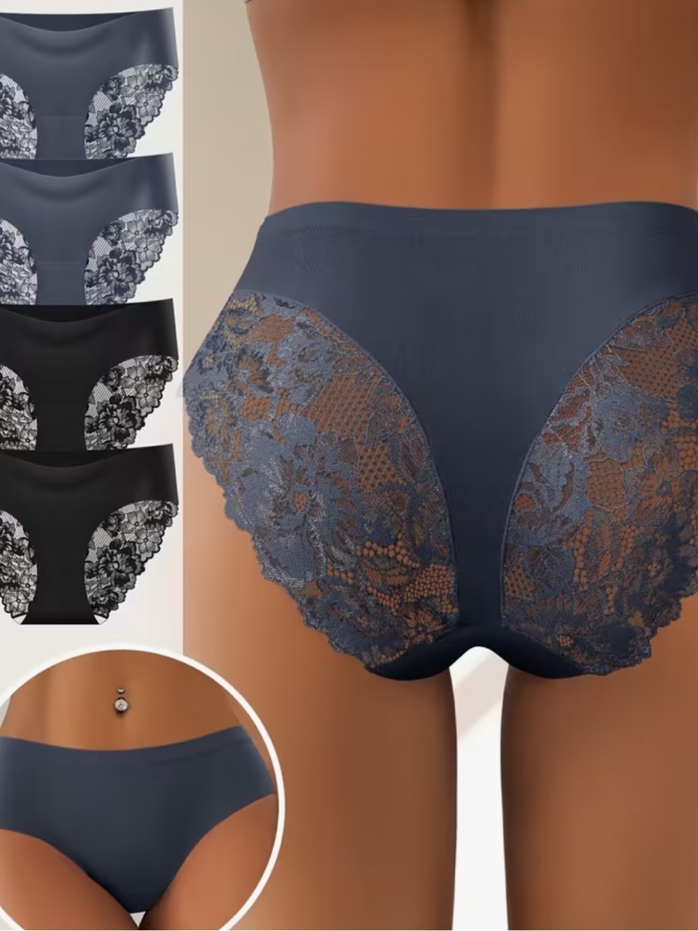 4 pair ofLace-Trim Seamless High-Waist Briefs - Slate Gray and Black Size XS NWT